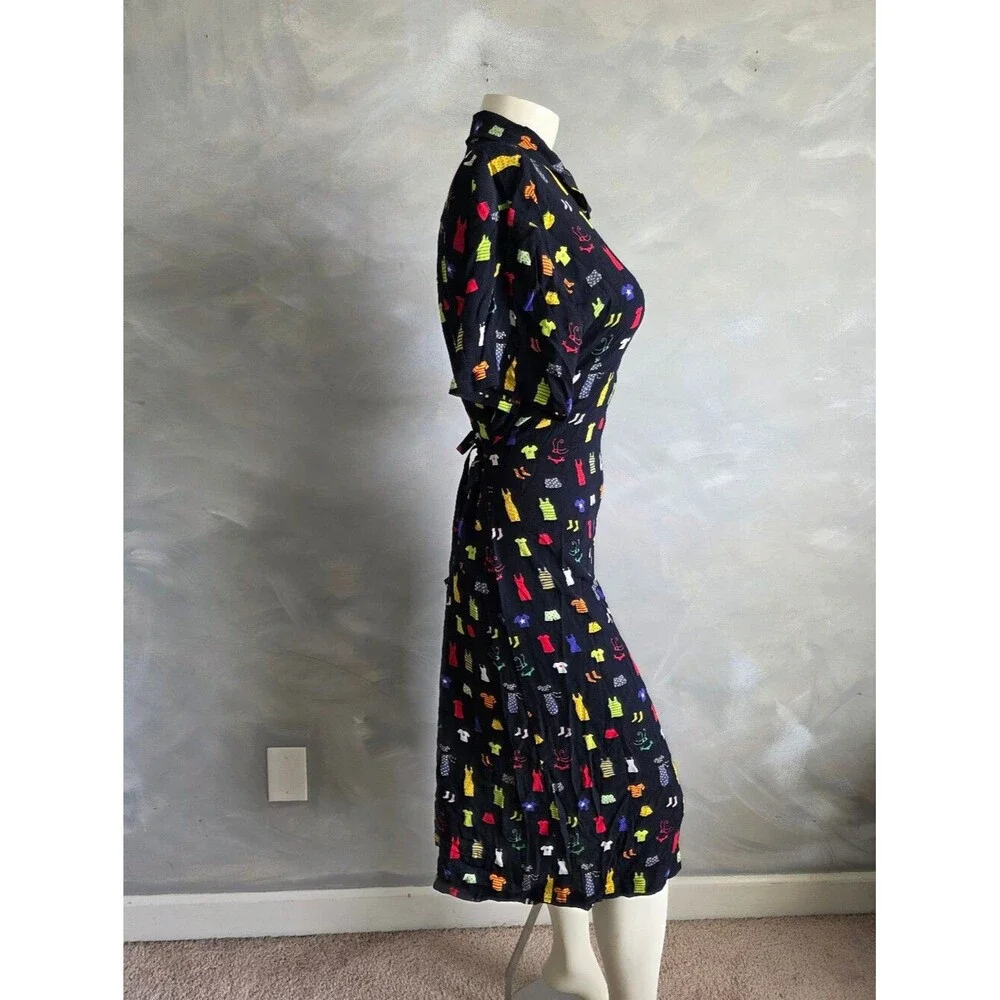 Vtg 90s David Dart Black Button Up Novelty Print Multicolor Dress Sz L Collar